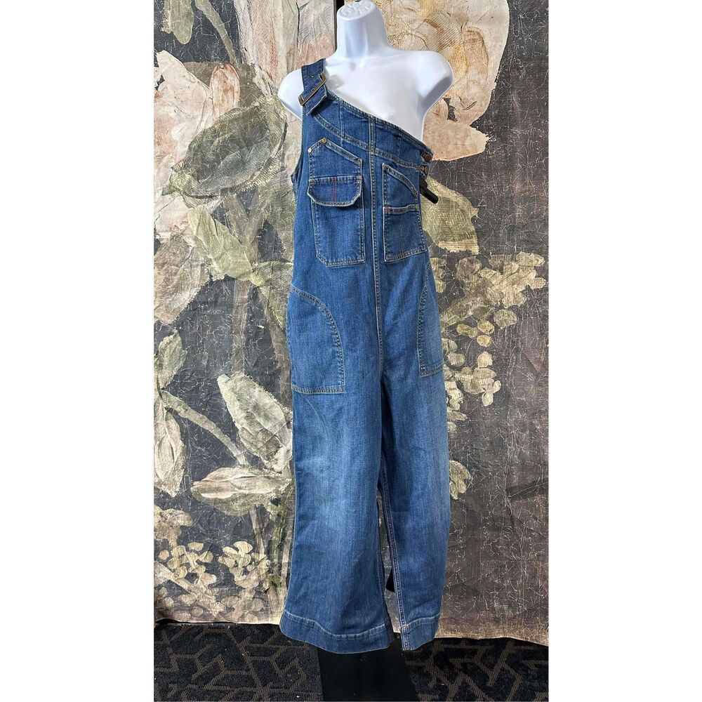 Anthropologie Dark Blue Denim Wide-Leg Asymmetric Overalls Jumpsuit - Picture 9 of 11